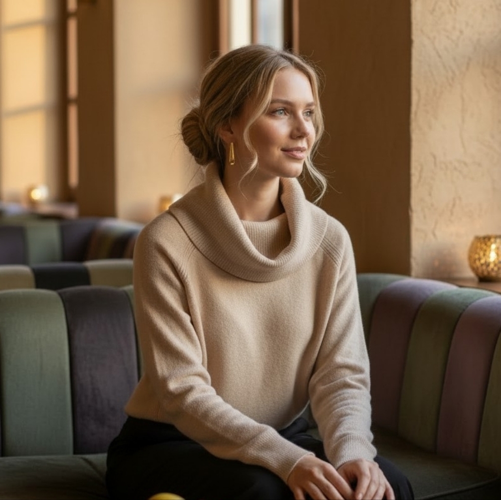 100% Extra Fine Merino Wool Elegant Cream Turtleneck Sweater By Nicole Miller